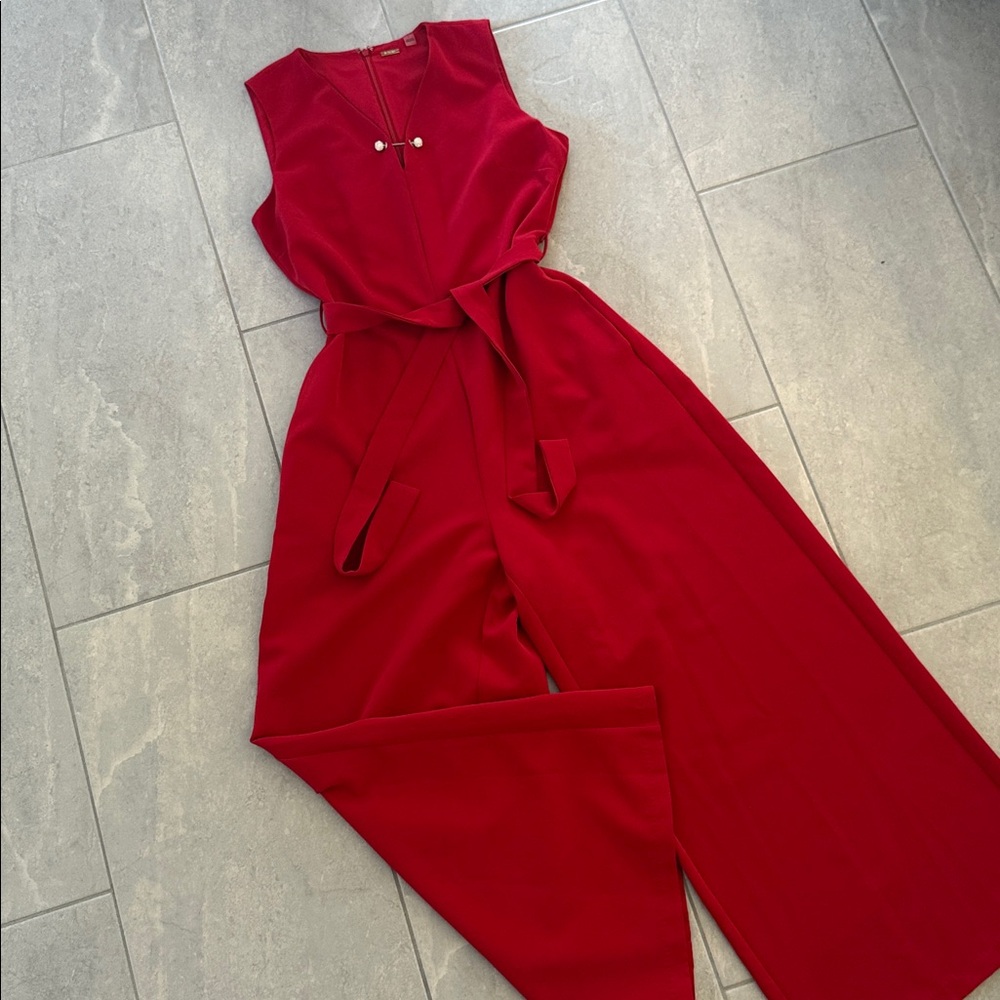 Tahari Red Sleeveless Wide Leg Jumpsuit 6